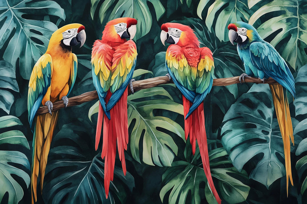 Colorful Parrot Jungle Wallpaper – Tropical Bird Nursery Wall Mural with Macaws & Palm Leaves – 3D Bold Stylish Wall Decor Gift for Kids