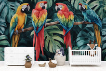 Load image into Gallery viewer, Colorful Parrot Jungle Wallpaper – Tropical Bird Nursery Wall Mural with Macaws &amp; Palm Leaves – 3D Bold Stylish Wall Decor Gift for Kids