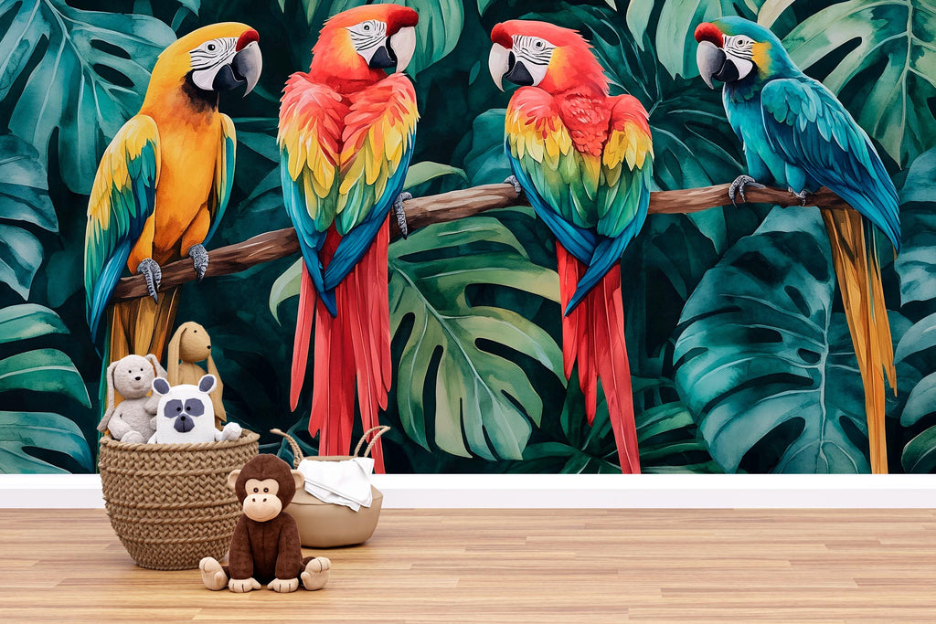 Colorful Parrot Jungle Wallpaper – Tropical Bird Nursery Wall Mural with Macaws & Palm Leaves – 3D Bold Stylish Wall Decor Gift for Kids
