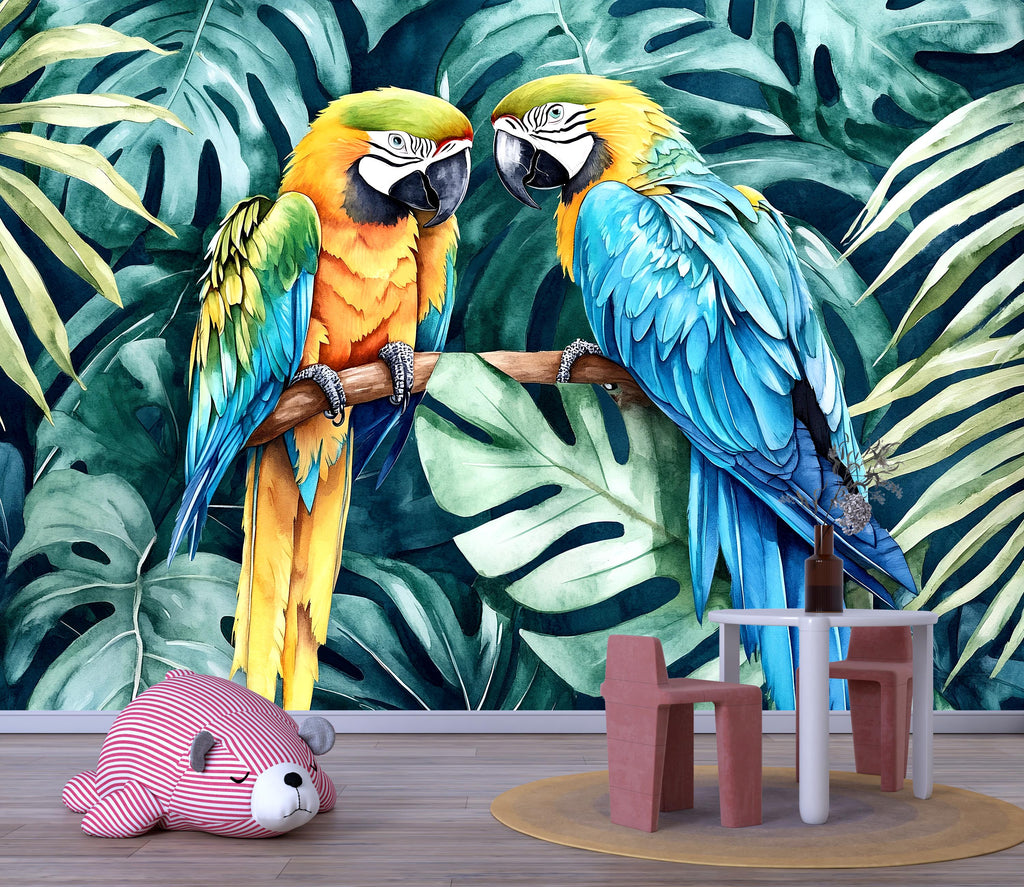 Tropical Parrot Duo Jungle Wallpaper – Vibrant Macaw Bird Wall Mural with Palm Leaves – Bold 3D Stylish Wall Decor Gift for Nursery
