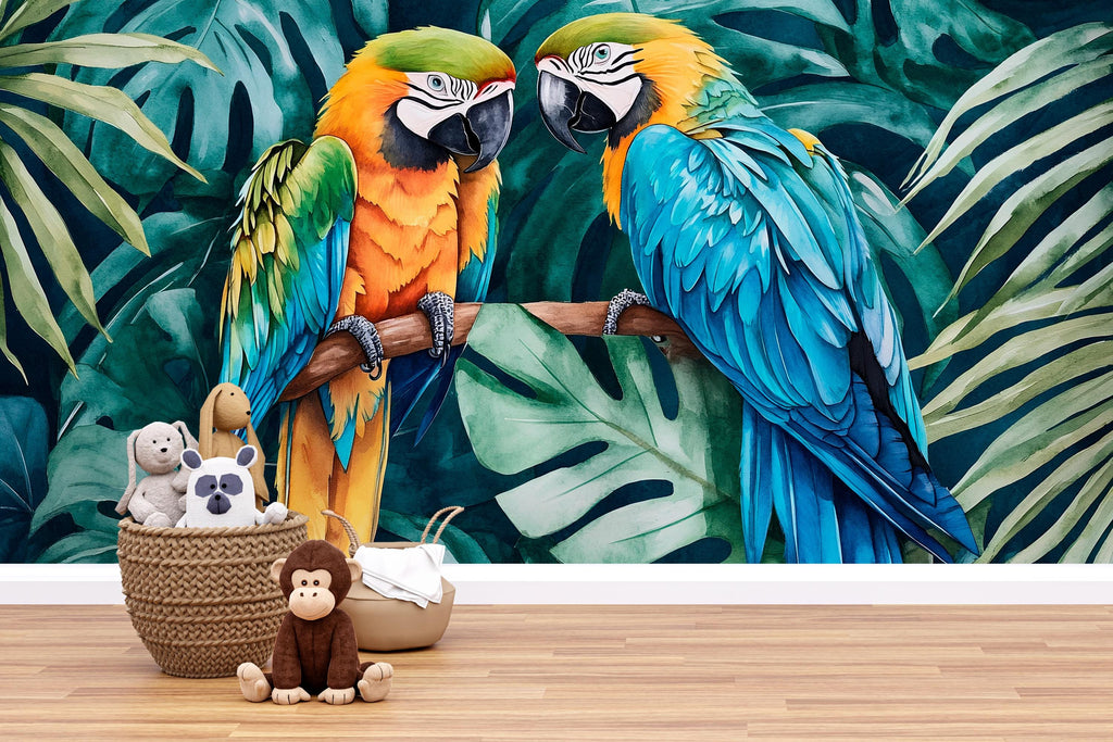 Tropical Parrot Duo Jungle Wallpaper – Vibrant Macaw Bird Wall Mural with Palm Leaves – Bold 3D Stylish Wall Decor Gift for Nursery