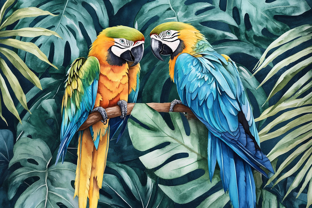 Tropical Parrot Duo Jungle Wallpaper – Vibrant Macaw Bird Wall Mural with Palm Leaves – Bold 3D Stylish Wall Decor Gift for Nursery
