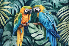 Load image into Gallery viewer, Tropical Parrot Duo Jungle Wallpaper – Vibrant Macaw Bird Wall Mural with Palm Leaves – Bold 3D Stylish Wall Decor Gift for Nursery
