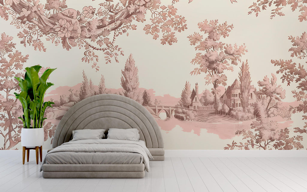Romantic Toile Wallpaper Mural in Blush Pink & Sepia | Vintage French Style Scenic Wall Art | Elegant Statement Wall Decor for Bedroom
