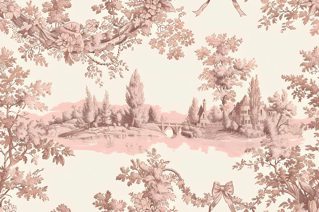 Romantic Toile Wallpaper Mural in Blush Pink & Sepia | Vintage French Style Scenic Wall Art | Elegant Statement Wall Decor for Bedroom