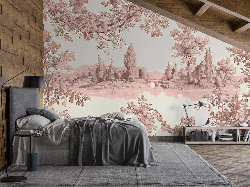 Romantic Toile Wallpaper Mural in Blush Pink & Sepia | Vintage French Style Scenic Wall Art | Elegant Statement Wall Decor for Bedroom
