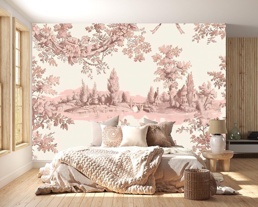 Romantic Toile Wallpaper Mural in Blush Pink & Sepia | Vintage French Style Scenic Wall Art | Elegant Statement Wall Decor for Bedroom