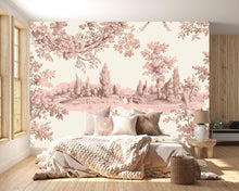 Load image into Gallery viewer, Romantic Toile Wallpaper Mural in Blush Pink &amp; Sepia | Vintage French Style Scenic Wall Art | Elegant Statement Wall Decor for Bedroom