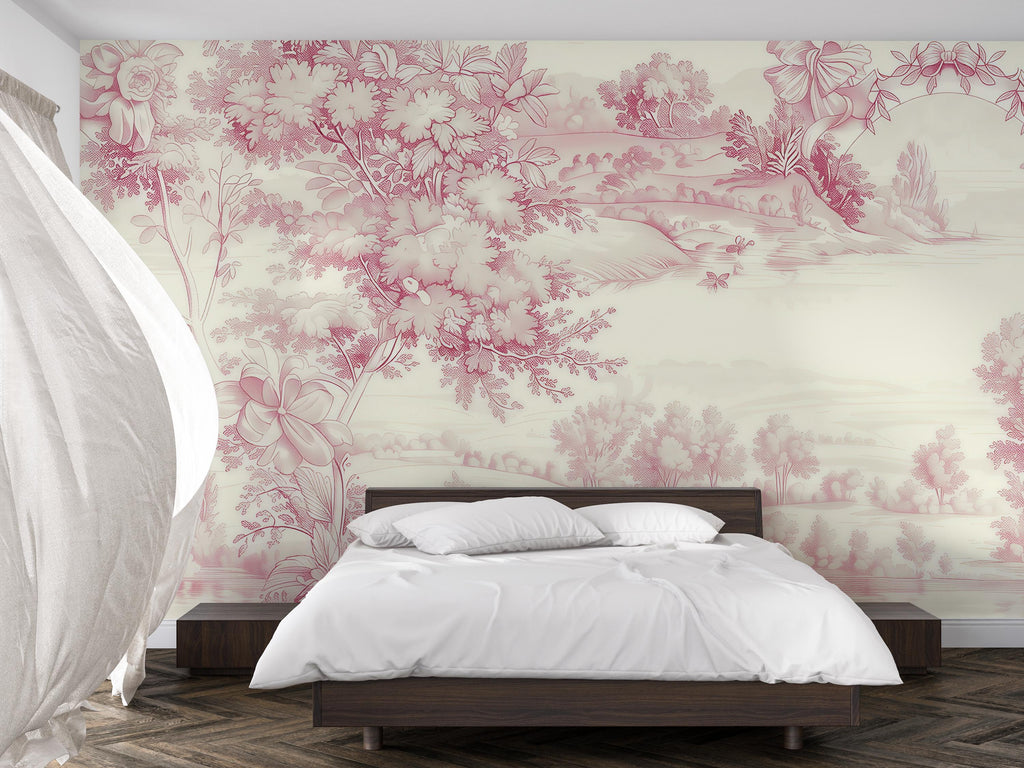 Romantic Pink Toile Wallpaper Mural | French Country Scenic Wall Art | Elegant Vintage Pastoral Style Wall Decor | Stylish Statement Gift