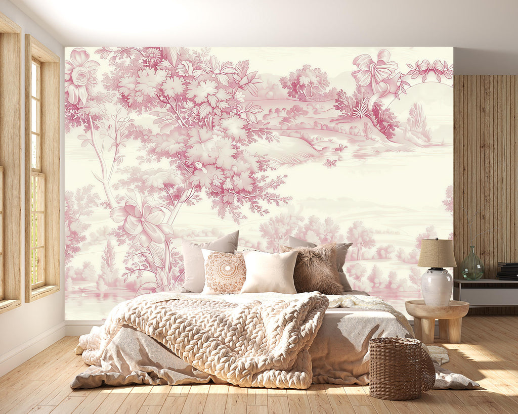 Romantic Pink Toile Wallpaper Mural | French Country Scenic Wall Art | Elegant Vintage Pastoral Style Wall Decor | Stylish Statement Gift