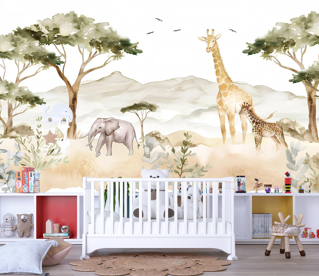 Safari Animals Wallpaper Mural For Kids Room – Giraffe & Elephant Wall Decor, Jungle Safari Nursery Wallpaper, Playroom Safari Wall Art
