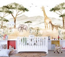 Load image into Gallery viewer, Safari Animals Wallpaper Mural For Kids Room – Giraffe &amp; Elephant Wall Decor, Jungle Safari Nursery Wallpaper, Playroom Safari Wall Art