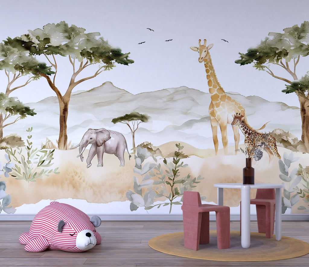 Safari Animals Wallpaper Mural For Kids Room – Giraffe & Elephant Wall Decor, Jungle Safari Nursery Wallpaper, Playroom Safari Wall Art