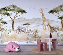 Load image into Gallery viewer, Safari Animals Wallpaper Mural For Kids Room – Giraffe &amp; Elephant Wall Decor, Jungle Safari Nursery Wallpaper, Playroom Safari Wall Art