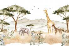 Load image into Gallery viewer, Safari Animals Wallpaper Mural For Kids Room – Giraffe &amp; Elephant Wall Decor, Jungle Safari Nursery Wallpaper, Playroom Safari Wall Art