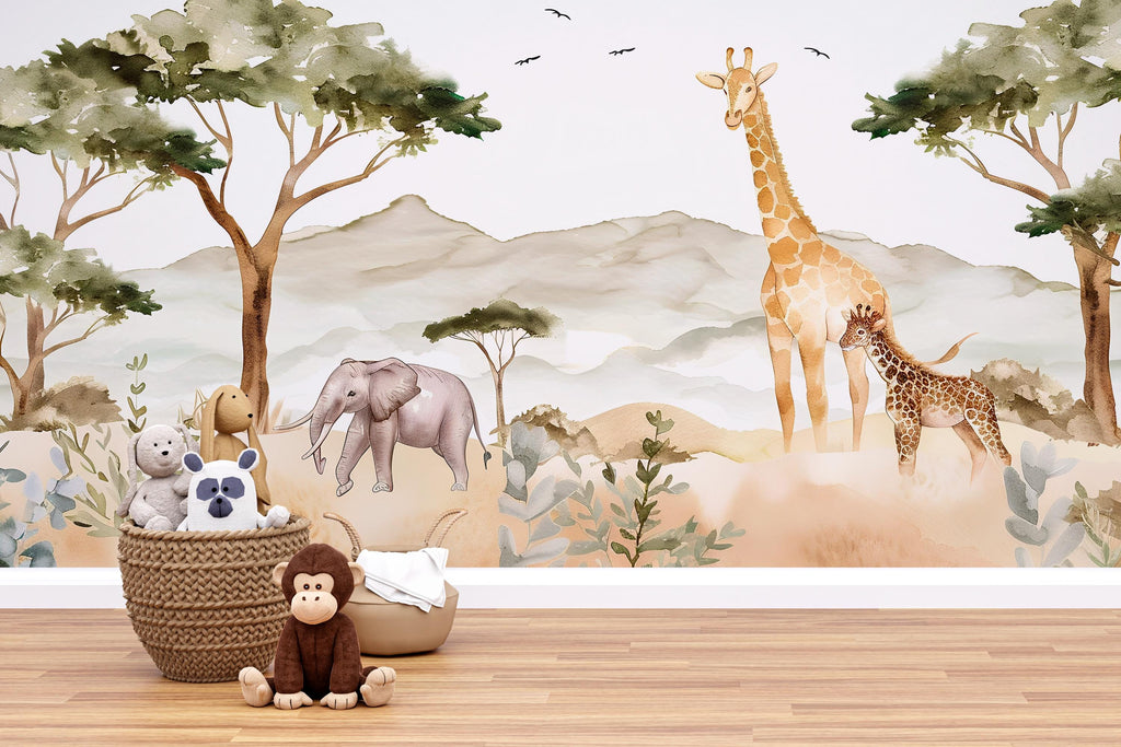 Safari Animals Wallpaper Mural For Kids Room – Giraffe & Elephant Wall Decor, Jungle Safari Nursery Wallpaper, Playroom Safari Wall Art