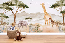 Load image into Gallery viewer, Safari Animals Wallpaper Mural For Kids Room – Giraffe &amp; Elephant Wall Decor, Jungle Safari Nursery Wallpaper, Playroom Safari Wall Art