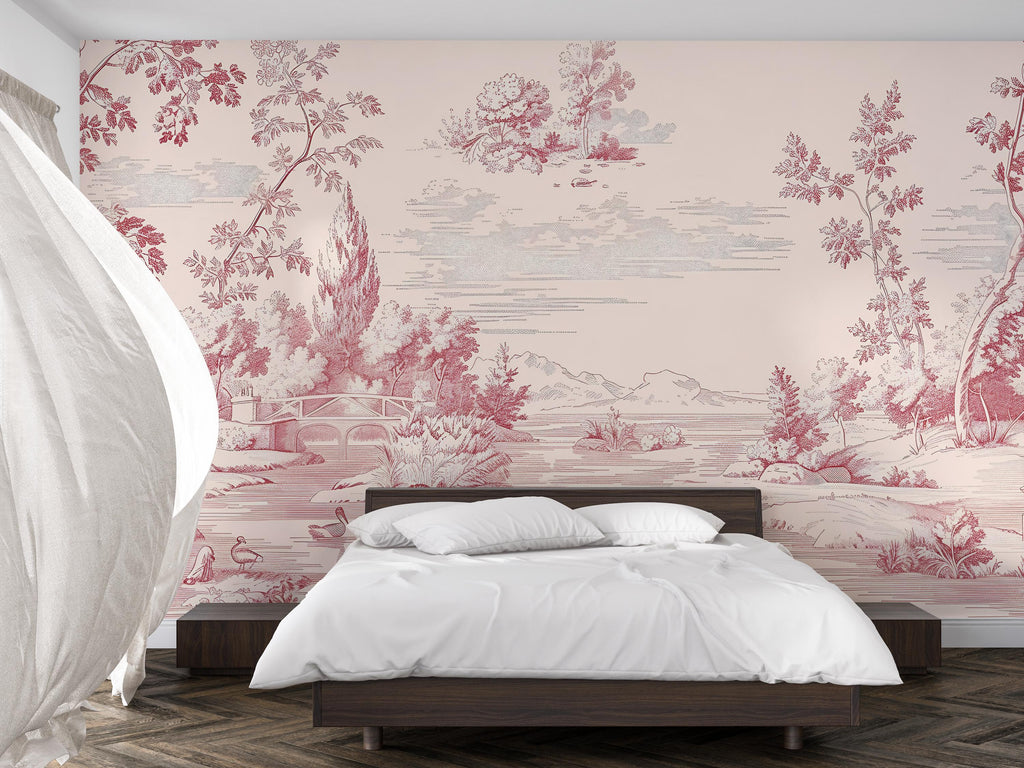 Pink Toile Wallpaper Mural – Elegant Vintage French Style Wall Decor For Bedroom, Romantic Country Wall Art, Stylish Wallpaper Gift