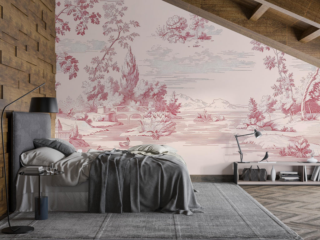 Pink Toile Wallpaper Mural – Elegant Vintage French Style Wall Decor For Bedroom, Romantic Country Wall Art, Stylish Wallpaper Gift