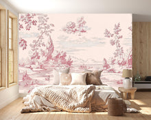Load image into Gallery viewer, Pink Toile Wallpaper Mural – Elegant Vintage French Style Wall Decor For Bedroom, Romantic Country Wall Art, Stylish Wallpaper Gift