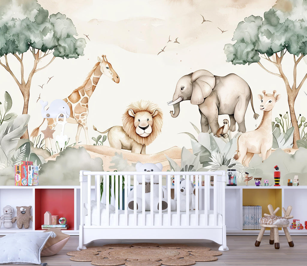 Safari Jungle Animal Wallpaper Mural – Cute Lion Giraffe Elephant Nursery Wall Decor, Kids Room Safari Theme, Baby Shower Gift Peel & Stick
