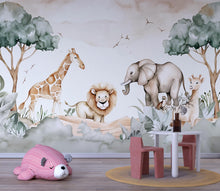 Load image into Gallery viewer, Safari Jungle Animal Wallpaper Mural – Cute Lion Giraffe Elephant Nursery Wall Decor, Kids Room Safari Theme, Baby Shower Gift Peel &amp; Stick