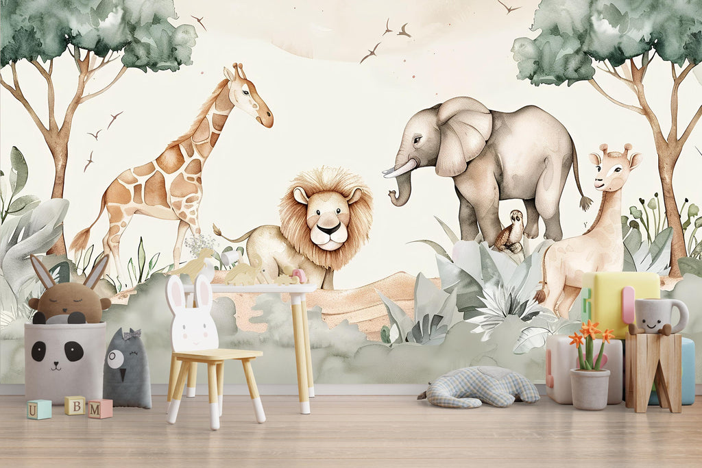 Safari Jungle Animal Wallpaper Mural – Cute Lion Giraffe Elephant Nursery Wall Decor, Kids Room Safari Theme, Baby Shower Gift Peel & Stick