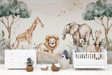 Load image into Gallery viewer, Safari Jungle Animal Wallpaper Mural – Cute Lion Giraffe Elephant Nursery Wall Decor, Kids Room Safari Theme, Baby Shower Gift Peel &amp; Stick