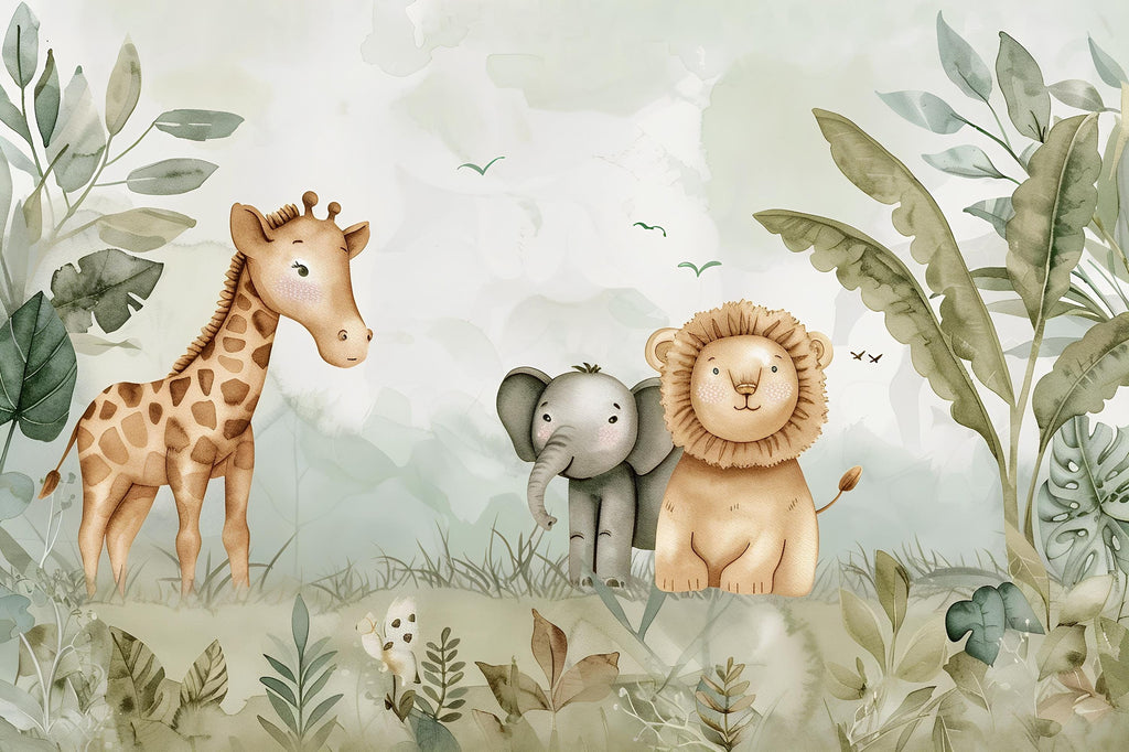 Safari Jungle Animal Wallpaper Mural – Cute Giraffe Elephant Lion Nursery Wall Decor, Kids Room Jungle Theme, Baby Shower Gift Peel & Stick