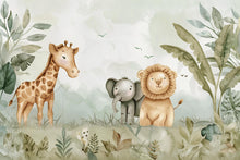 Load image into Gallery viewer, Safari Jungle Animal Wallpaper Mural – Cute Giraffe Elephant Lion Nursery Wall Decor, Kids Room Jungle Theme, Baby Shower Gift Peel &amp; Stick
