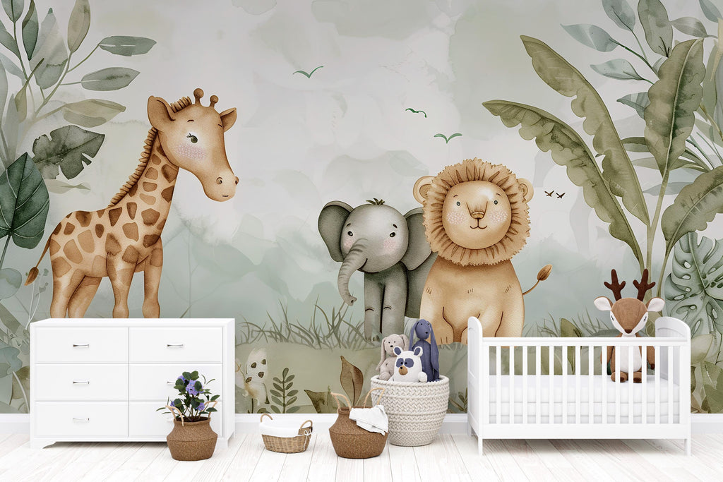 Safari Jungle Animal Wallpaper Mural – Cute Giraffe Elephant Lion Nursery Wall Decor, Kids Room Jungle Theme, Baby Shower Gift Peel & Stick