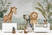 Load image into Gallery viewer, Safari Jungle Animal Wallpaper Mural – Cute Giraffe Elephant Lion Nursery Wall Decor, Kids Room Jungle Theme, Baby Shower Gift Peel &amp; Stick