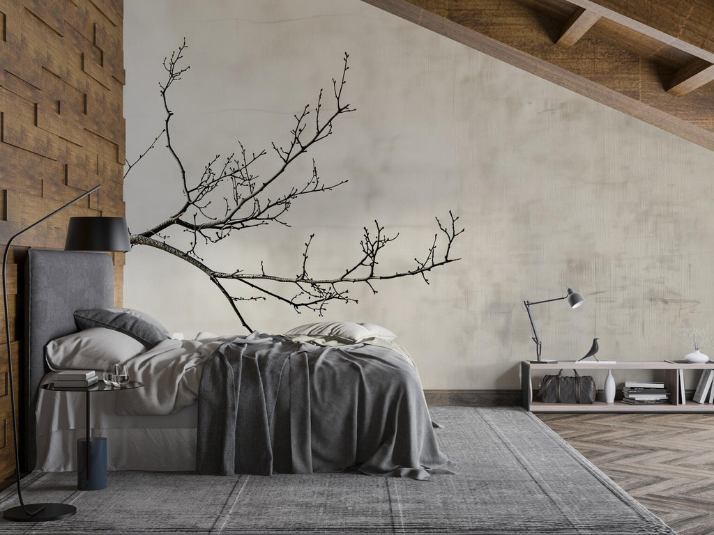 Minimalist Tree Branch Wallpaper Mural – Japanese Zen Style Wall Decor for Bedroom, Modern Neutral Aesthetic, Stylish Gift, Peel & Stick