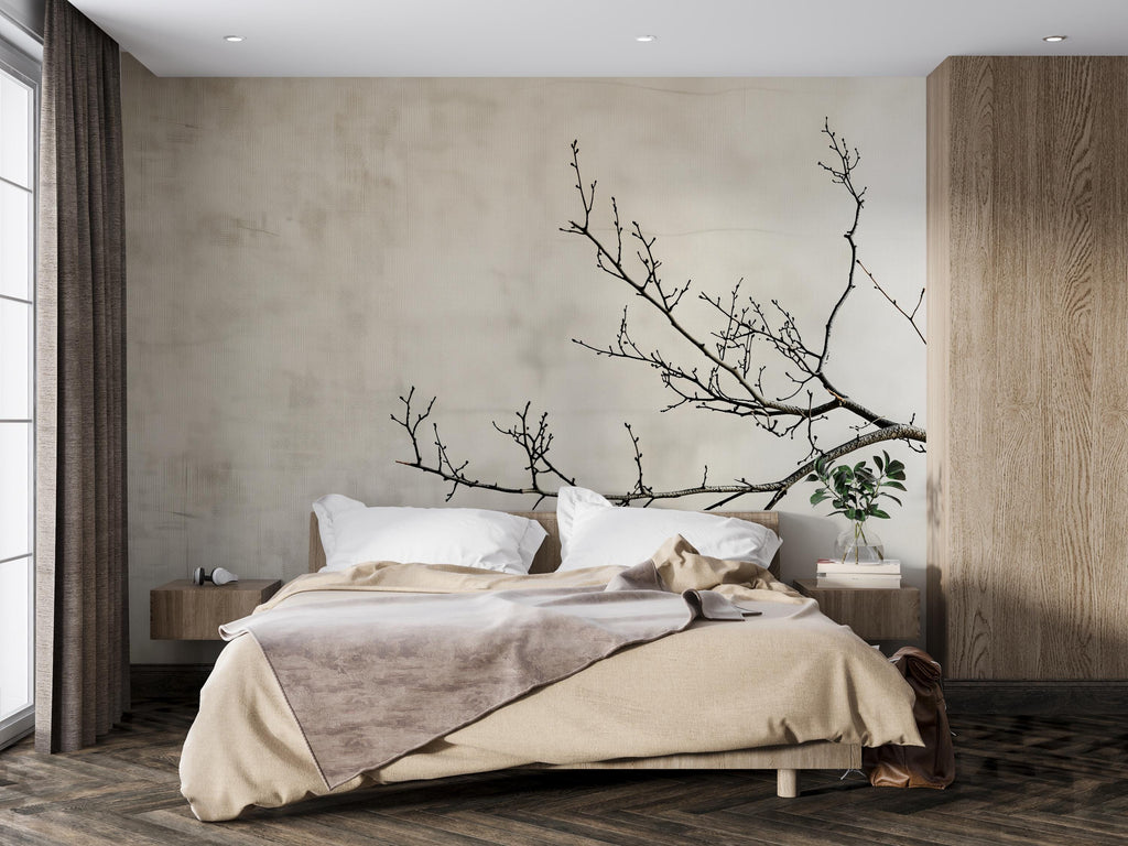 Minimalist Tree Branch Wallpaper Mural – Japanese Zen Style Wall Decor for Bedroom, Modern Neutral Aesthetic, Stylish Gift, Peel & Stick