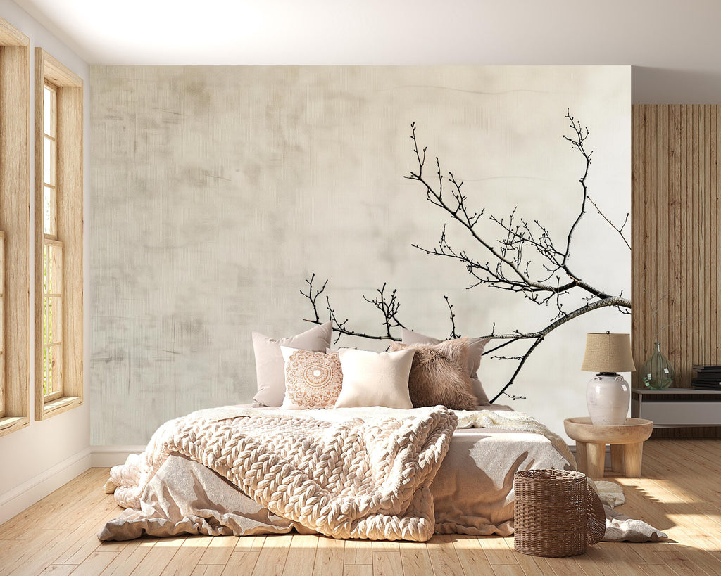 Minimalist Tree Branch Wallpaper Mural – Japanese Zen Style Wall Decor for Bedroom, Modern Neutral Aesthetic, Stylish Gift, Peel & Stick
