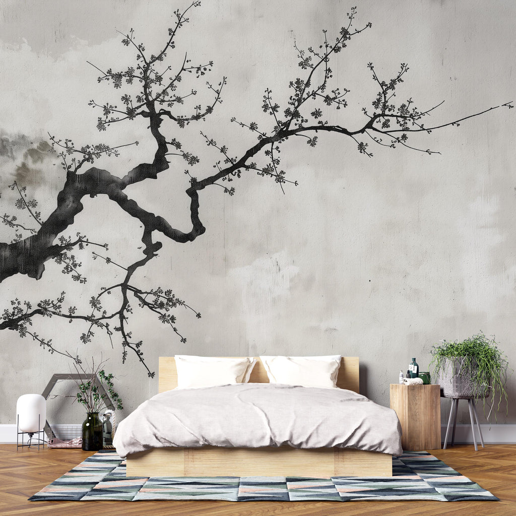 Japanese Cherry Blossom Tree Branch Wallpaper Mural – Minimalist Zen Style Wall Decor, Modern Neutral Aesthetic, Stylish Gift, Peel & Stick
