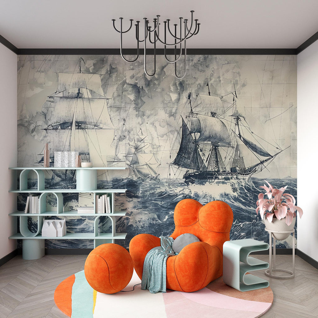 Nautical Sailing Ship Wallpaper, Vintage Ocean Wall Mural, Maritime Sea Decor, Bold Coastal Wall Art, Stylish Boys Room Wallpaper Gift Idea