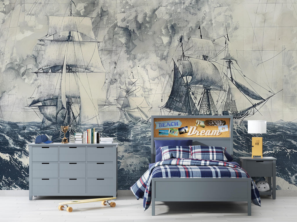 Nautical Sailing Ship Wallpaper, Vintage Ocean Wall Mural, Maritime Sea Decor, Bold Coastal Wall Art, Stylish Boys Room Wallpaper Gift Idea