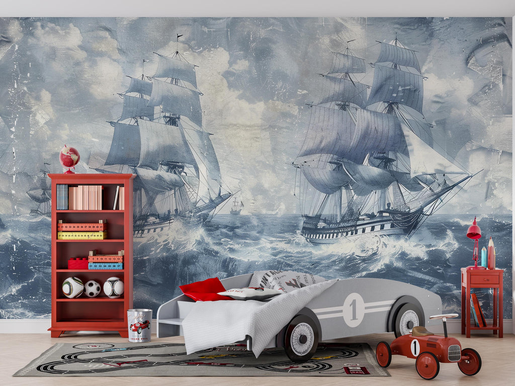 Vintage Sailing Ship Wallpaper, Nautical Ocean Wall Mural, Maritime Sea Decor for Boys Room, Bold Coastal Wall Art, Stylish Gift Wallpaper