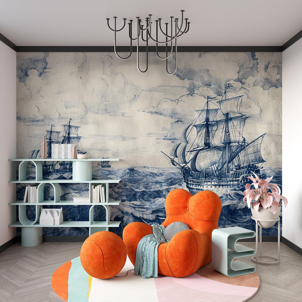 Nautical Sailing Ship Wallpaper, Vintage Ocean Wall Mural, Coastal Maritime Decor, Navy Blue Sea Wall Art for Bold Rooms, Stylish Gift Wall