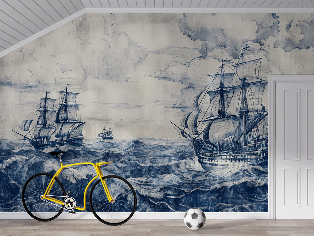 Nautical Sailing Ship Wallpaper, Vintage Ocean Wall Mural, Coastal Maritime Decor, Navy Blue Sea Wall Art for Bold Rooms, Stylish Gift Wall