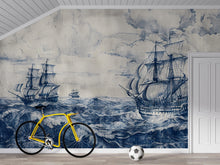 Load image into Gallery viewer, Nautical Sailing Ship Wallpaper, Vintage Ocean Wall Mural, Coastal Maritime Decor, Navy Blue Sea Wall Art for Bold Rooms, Stylish Gift Wall