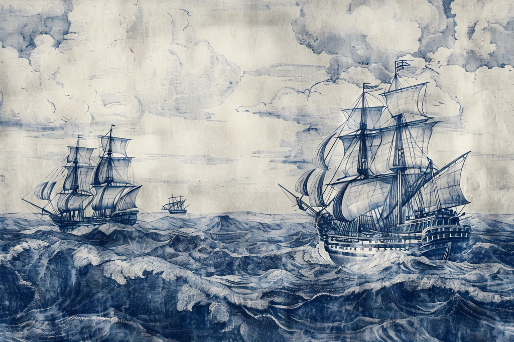 Nautical Sailing Ship Wallpaper, Vintage Ocean Wall Mural, Coastal Maritime Decor, Navy Blue Sea Wall Art for Bold Rooms, Stylish Gift Wall