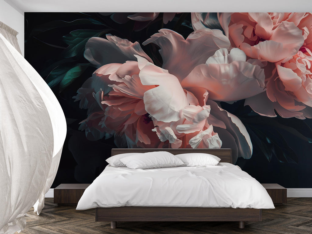 Dark Floral Wallpaper Mural, Oversized Peony Wall Art, Bold Romantic Flower Wall Decor, Stylish Modern Wallpaper for Bedroom or Living Room