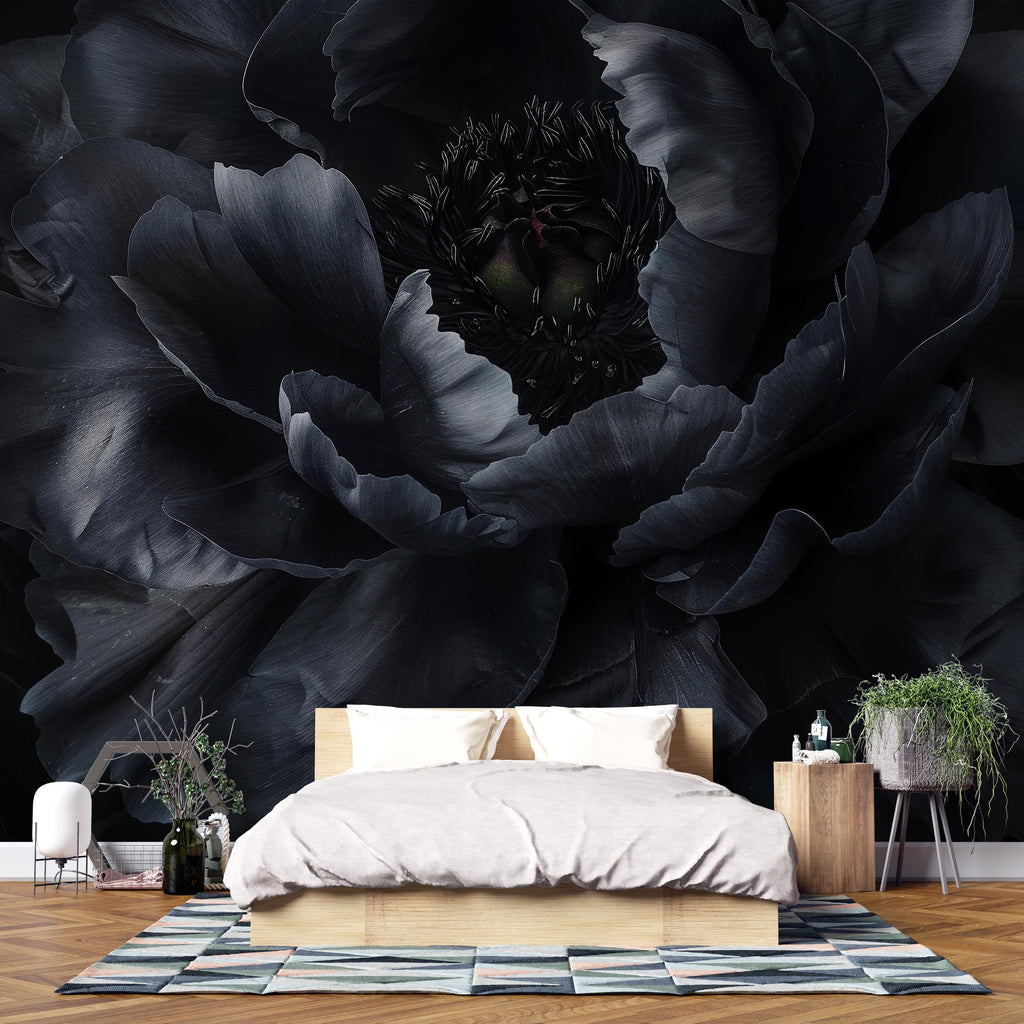 Modern Black Floral Wallpaper Mural – Bold Dark Flower Wall Decor for Bedroom or Living Room – Stylish Statement Wall Art – Elegant