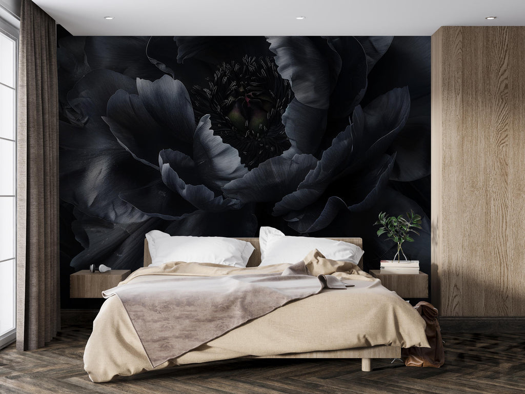Modern Black Floral Wallpaper Mural – Bold Dark Flower Wall Decor for Bedroom or Living Room – Stylish Statement Wall Art – Elegant