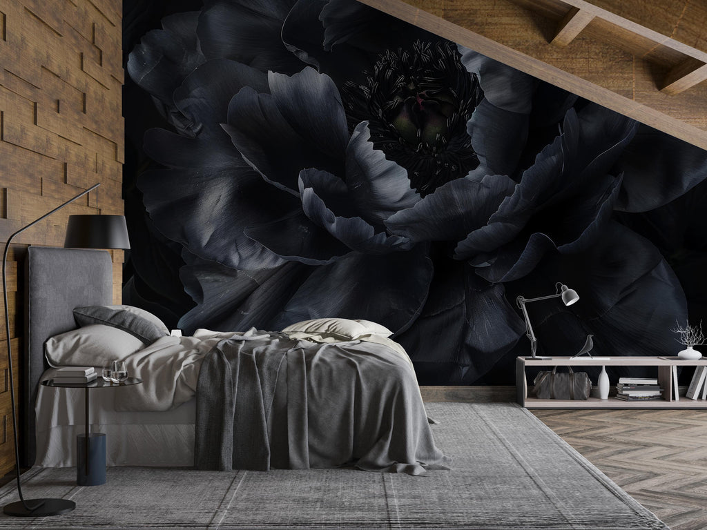 Modern Black Floral Wallpaper Mural – Bold Dark Flower Wall Decor for Bedroom or Living Room – Stylish Statement Wall Art – Elegant