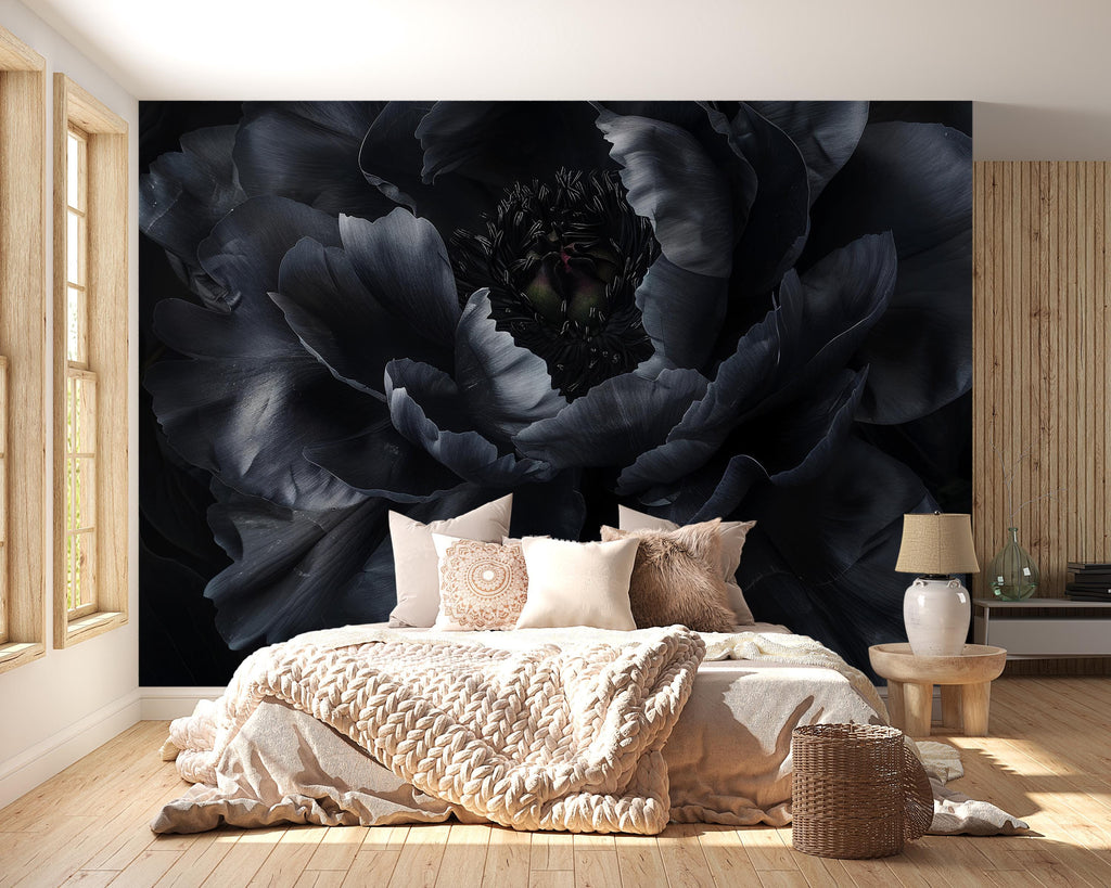 Modern Black Floral Wallpaper Mural – Bold Dark Flower Wall Decor for Bedroom or Living Room – Stylish Statement Wall Art – Elegant