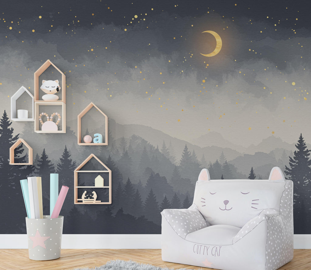 Starry Night Forest Wallpaper – Luxury Watercolor Moon and Stars Mural, Enchanted Kids Room or Nursery Wall Art 887RS