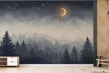 Load image into Gallery viewer, Starry Night Forest Wallpaper – Luxury Watercolor Moon and Stars Mural, Enchanted Kids Room or Nursery Wall Art 887RS